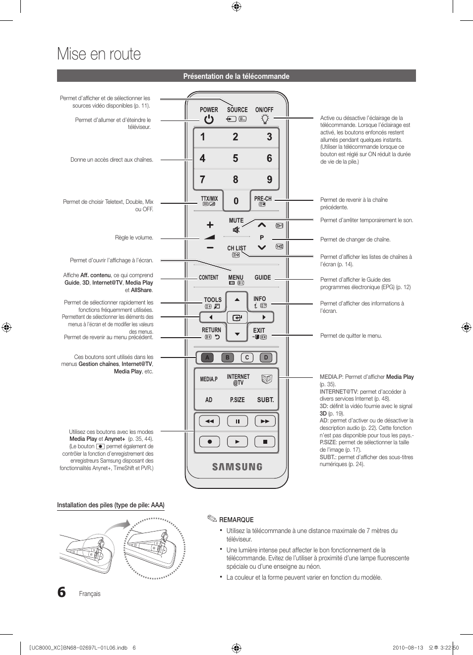 Mise en route | Samsung UE65C8000XW User Manual | Page 68 / 374