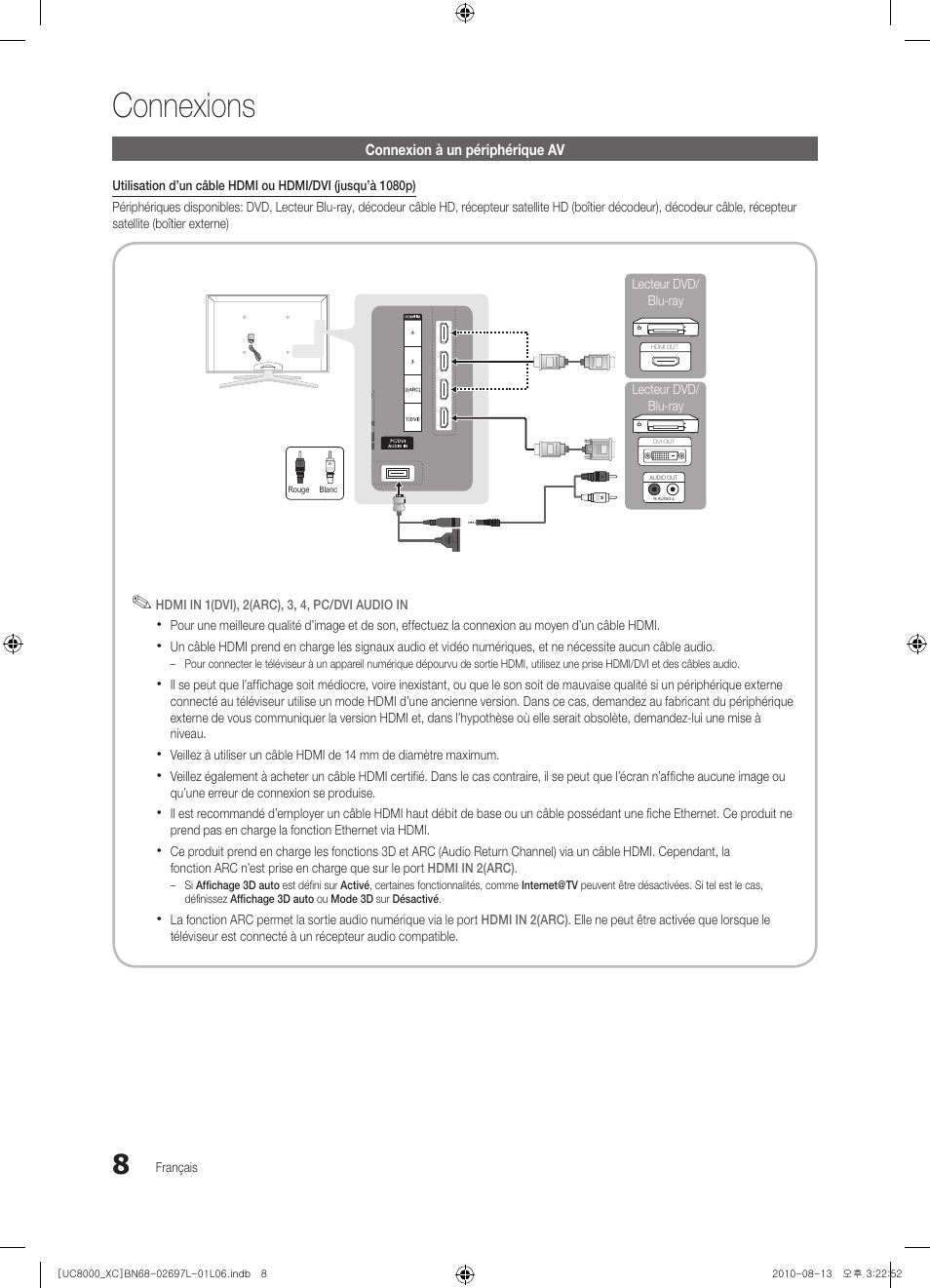 Connexions | Samsung UE65C8000XW User Manual | Page 70 / 374