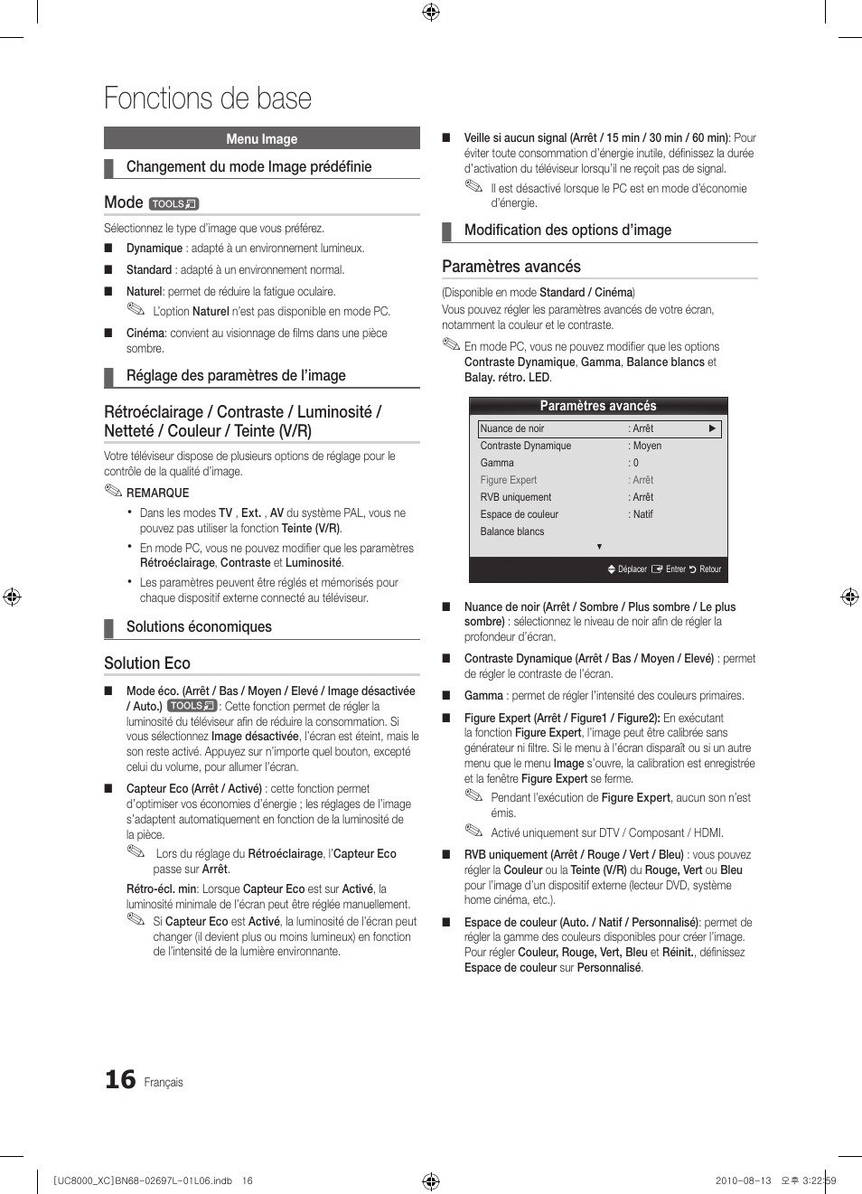 Fonctions de base, Mode, Solution eco | Paramètres avancés | Samsung UE65C8000XW User Manual | Page 78 / 374