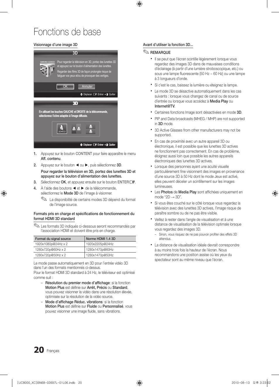 Fonctions de base | Samsung UE65C8000XW User Manual | Page 82 / 374