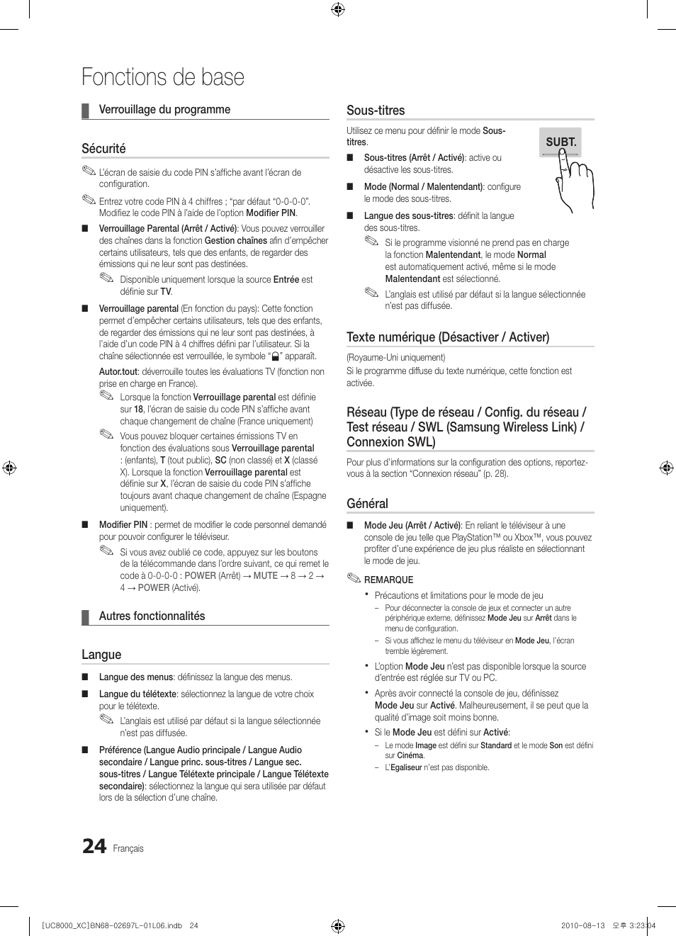 Fonctions de base | Samsung UE65C8000XW User Manual | Page 86 / 374