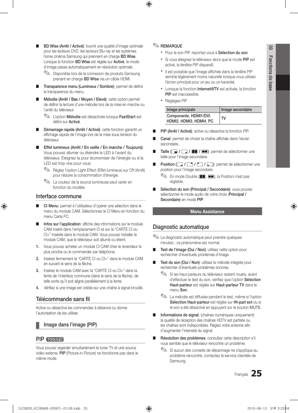 Interface commune, Télécommande sans fil, Diagnostic automatique | Samsung UE65C8000XW User Manual | Page 87 / 374