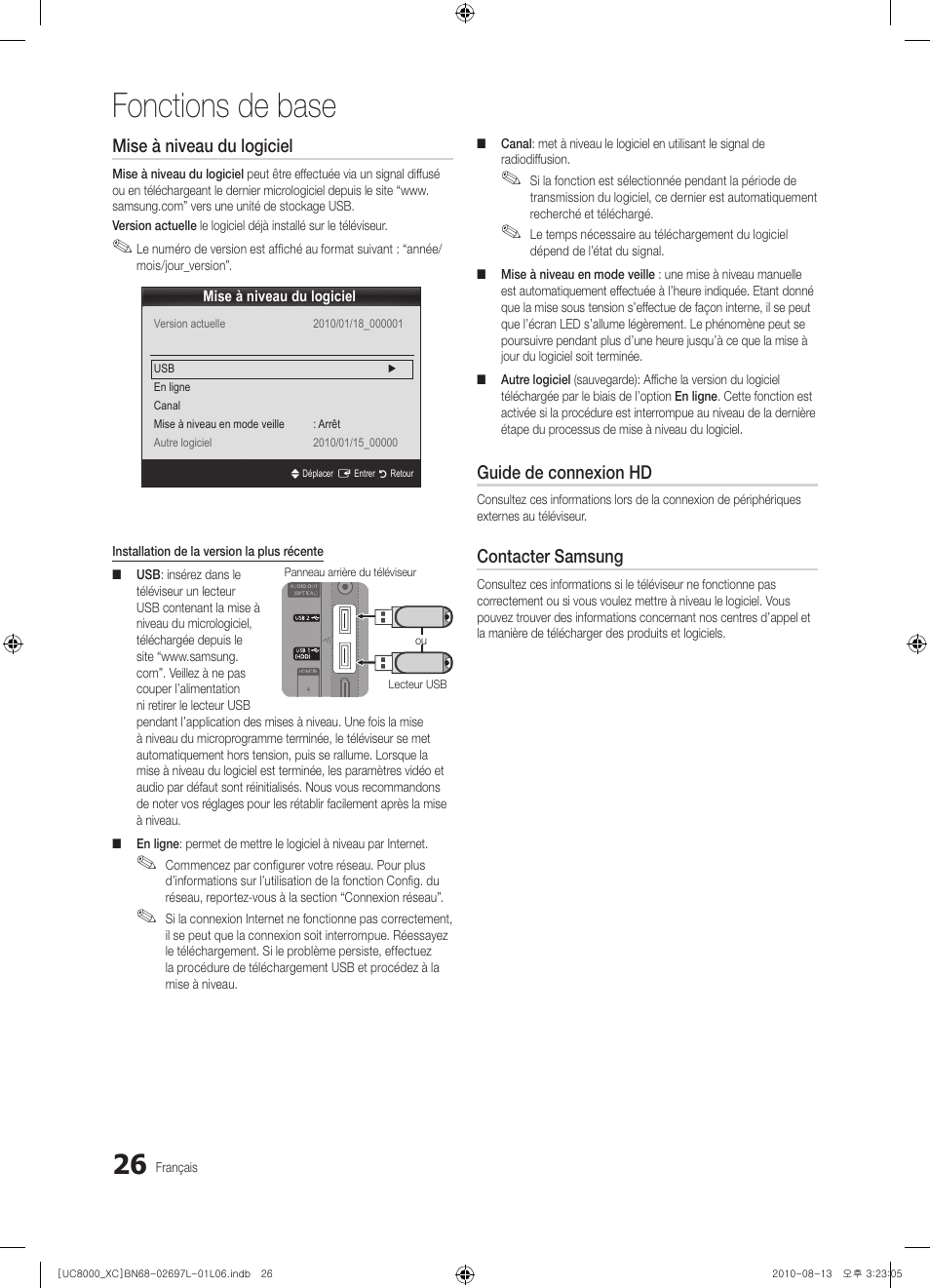 Fonctions de base, Mise à niveau du logiciel, Guide de connexion hd | Contacter samsung | Samsung UE65C8000XW User Manual | Page 88 / 374