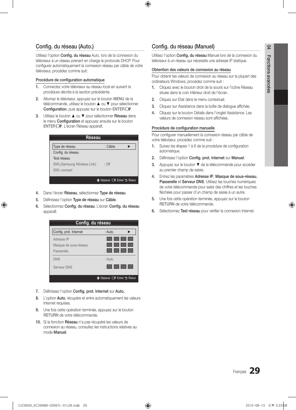 Config. du réseau (auto.), Config. du réseau (manuel) | Samsung UE65C8000XW User Manual | Page 91 / 374