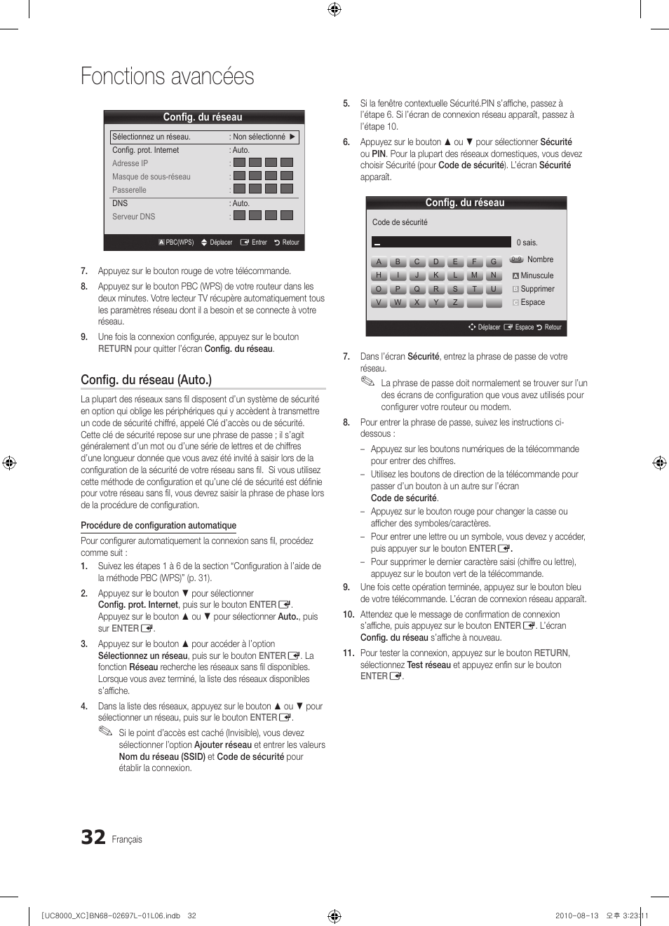 Fonctions avancées, Config. du réseau (auto.) | Samsung UE65C8000XW User Manual | Page 94 / 374