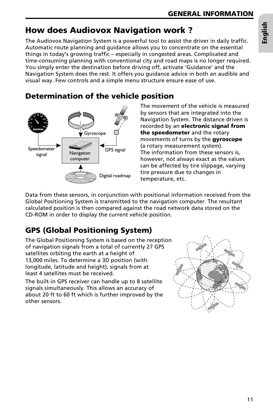 How does audiovox navigation work, Determination of the vehicle position, Gps (global positioning system) | General information, English | Audiovox NAV3000 User Manual | Page 11 / 98
