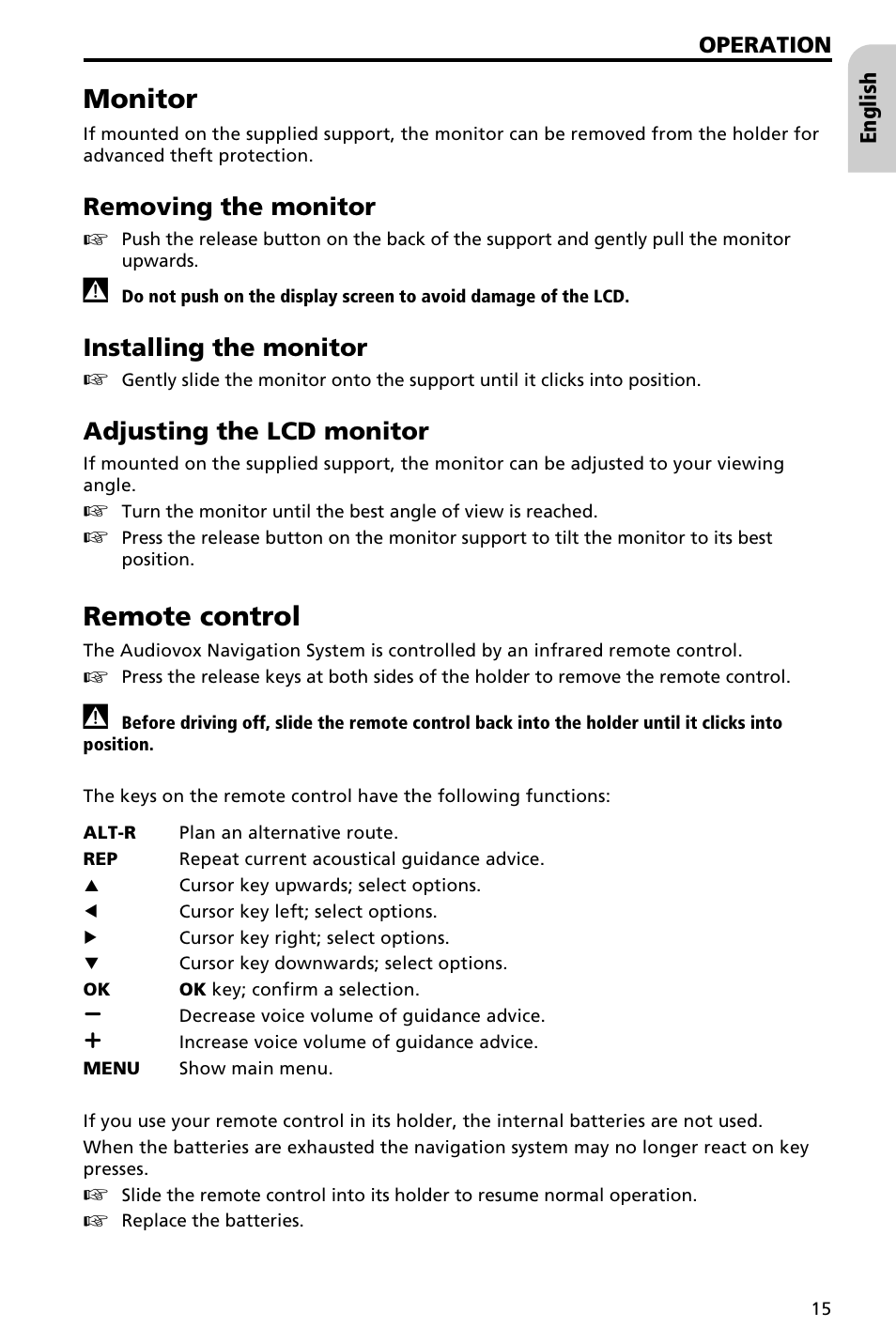 Switching on / off 16, Stand-by mode 16, Volume 16 | Menus 17, Monitor, Remote control, Removing the monitor, Installing the monitor, Adjusting the lcd monitor | Audiovox NAV3000 User Manual | Page 15 / 98