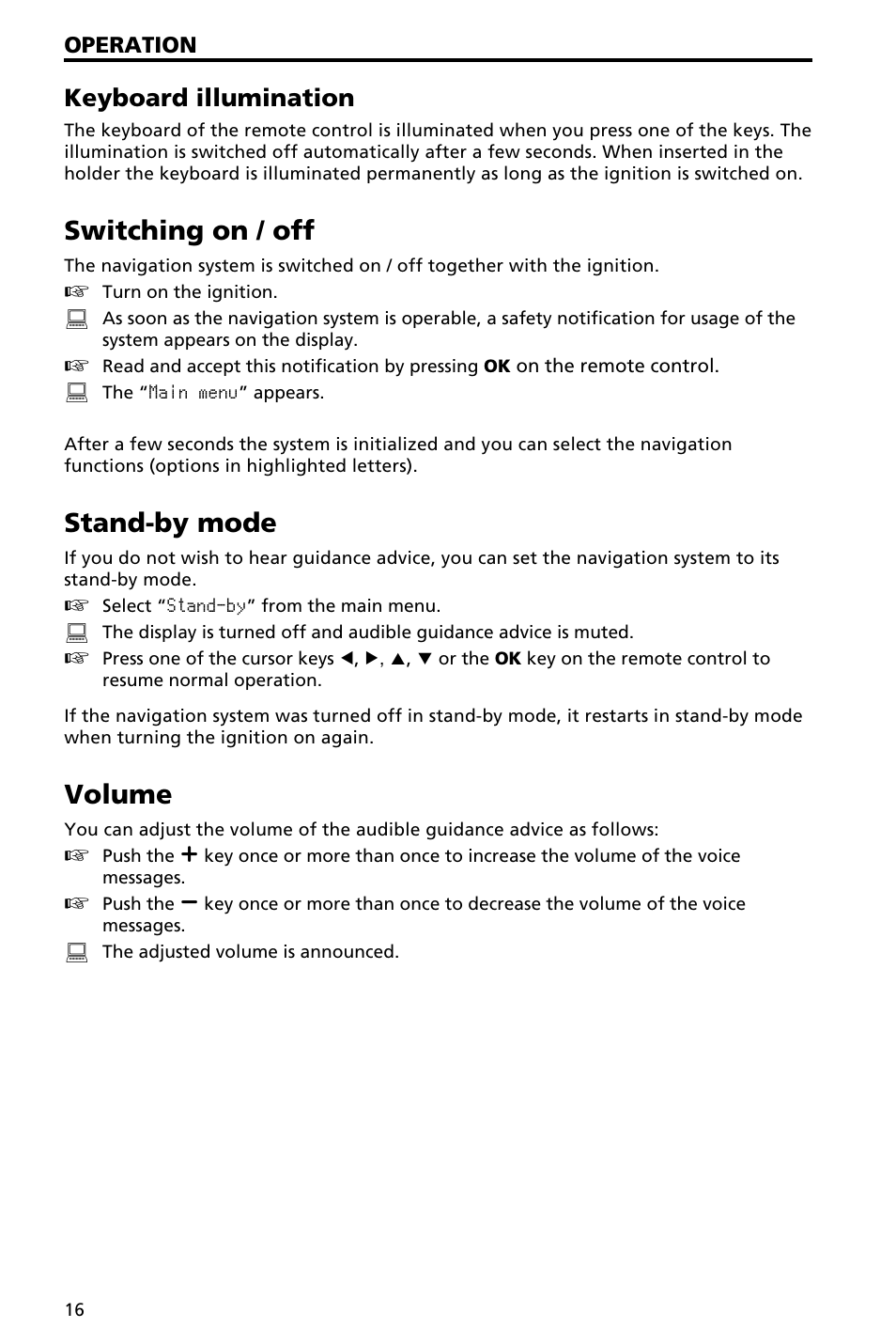 Cursor 17, Scroll bars 17, Character input 17 | Switching on / off, Stand-by mode, Volume, Keyboard illumination | Audiovox NAV3000 User Manual | Page 16 / 98