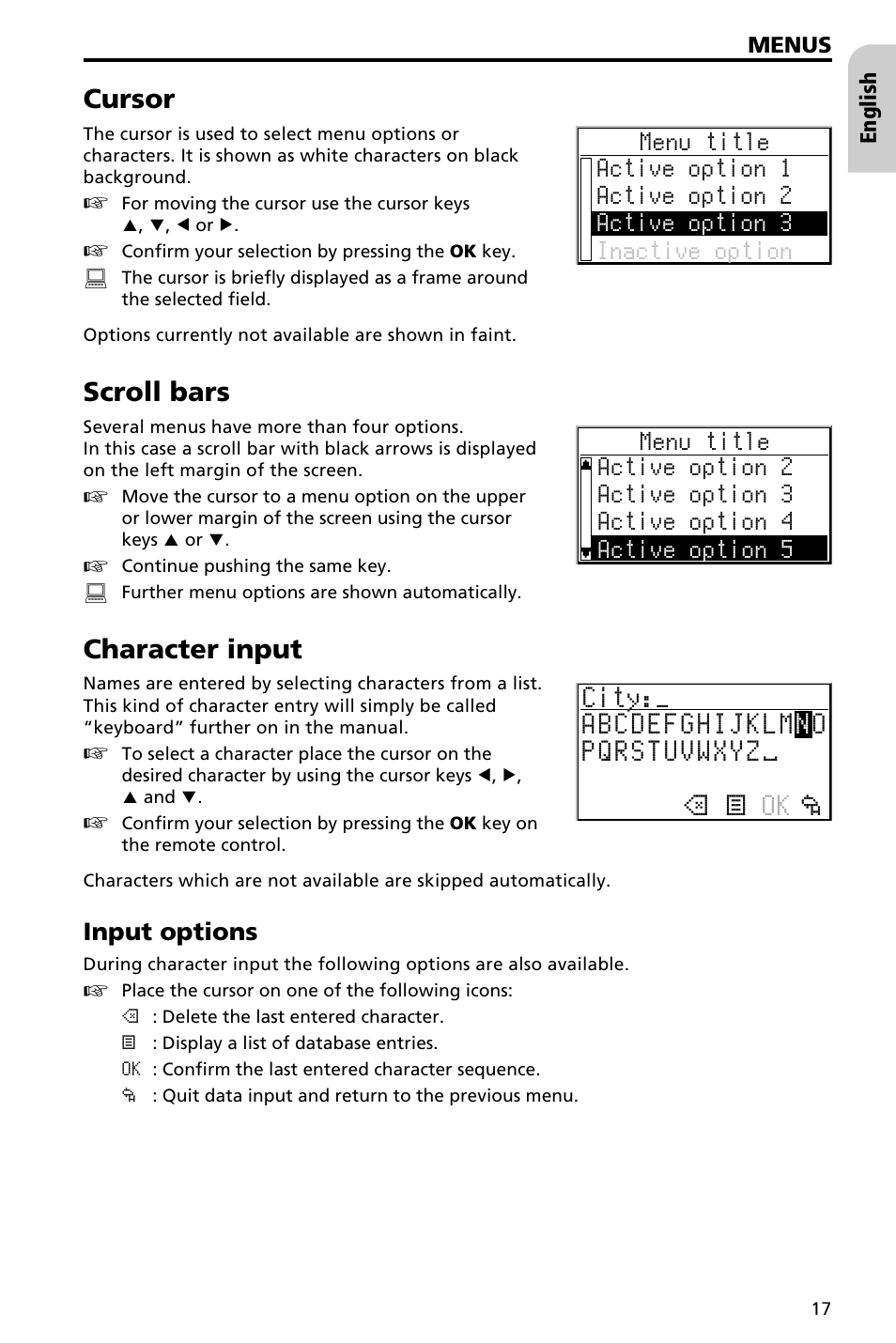 Main menu 19, Cursor, Scroll bars | Character input, City:_ ok ¡ ¢ £ abcdefghijklm o pqrstuvwxyz— n | Audiovox NAV3000 User Manual | Page 17 / 98