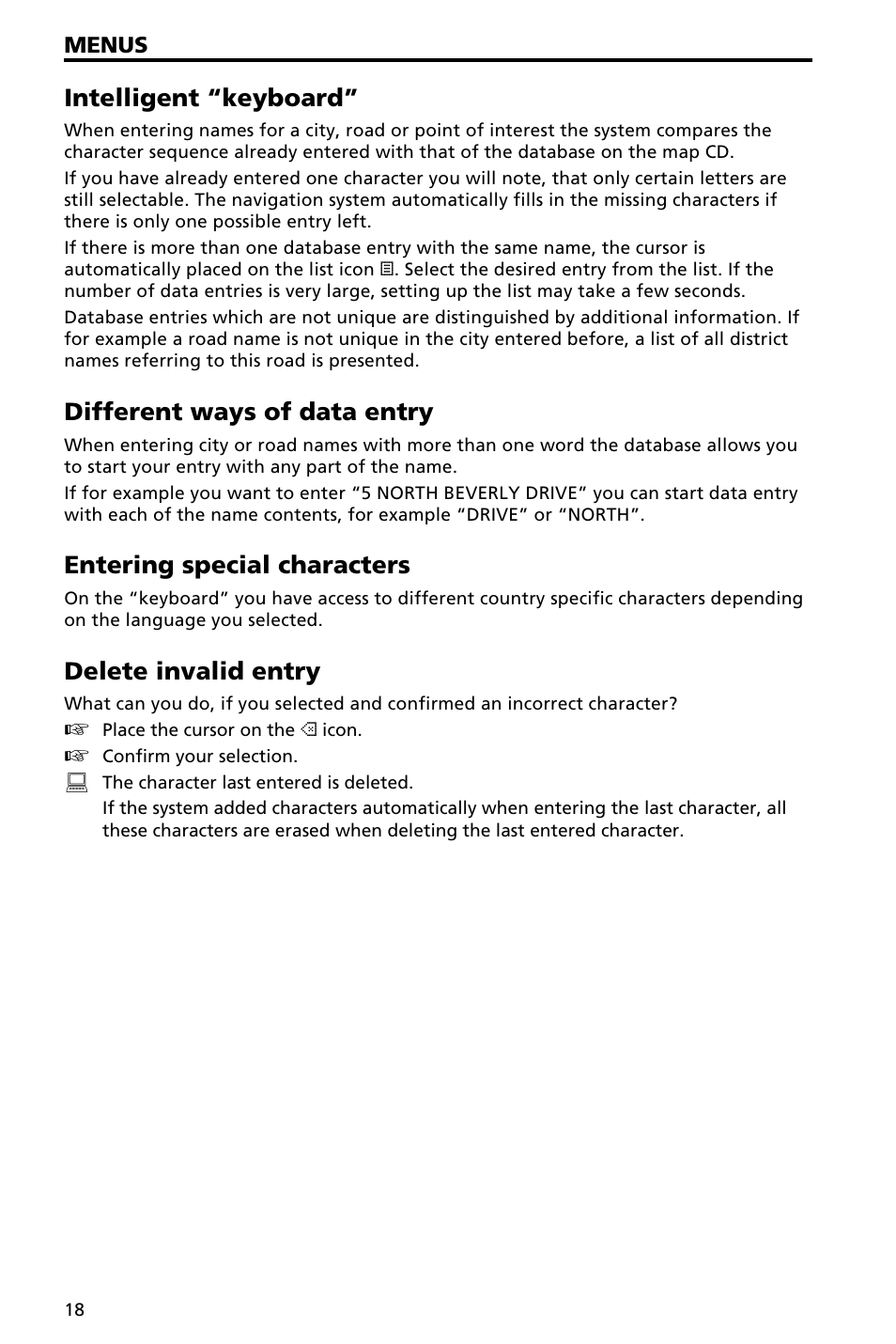 Intelligent “keyboard, Different ways of data entry, Entering special characters | Delete invalid entry | Audiovox NAV3000 User Manual | Page 18 / 98