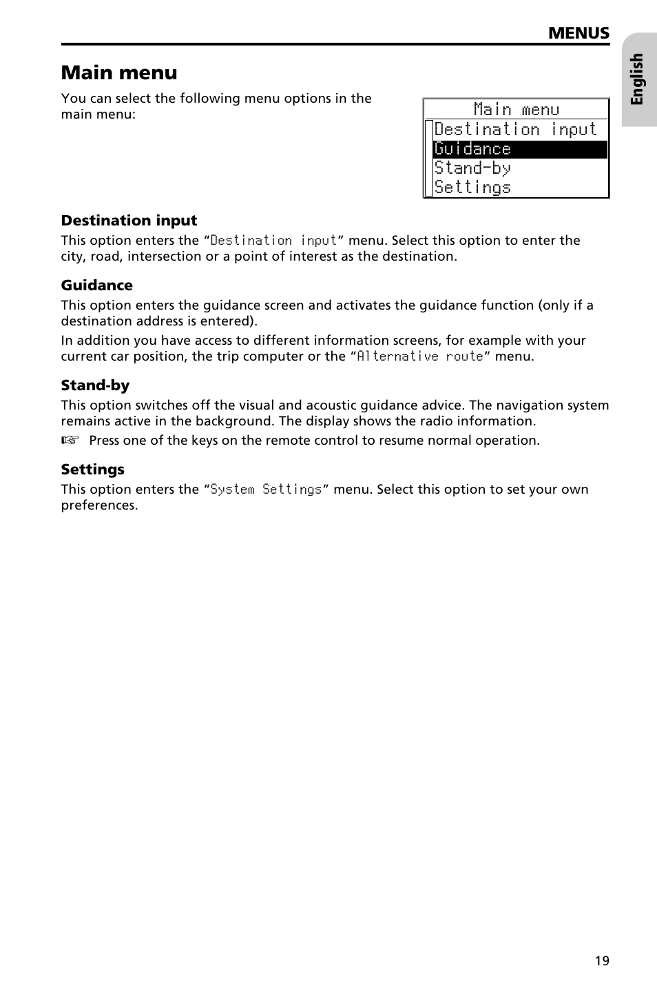 Destination input 20, Destination input menu 20, Main menu | Audiovox NAV3000 User Manual | Page 19 / 98