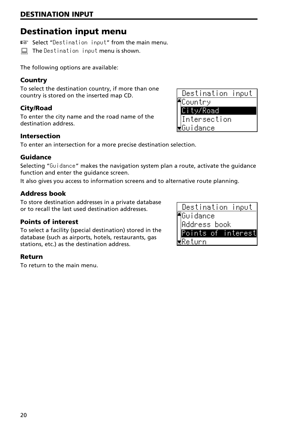 Entering a destination address 21, Destination input menu | Audiovox NAV3000 User Manual | Page 20 / 98