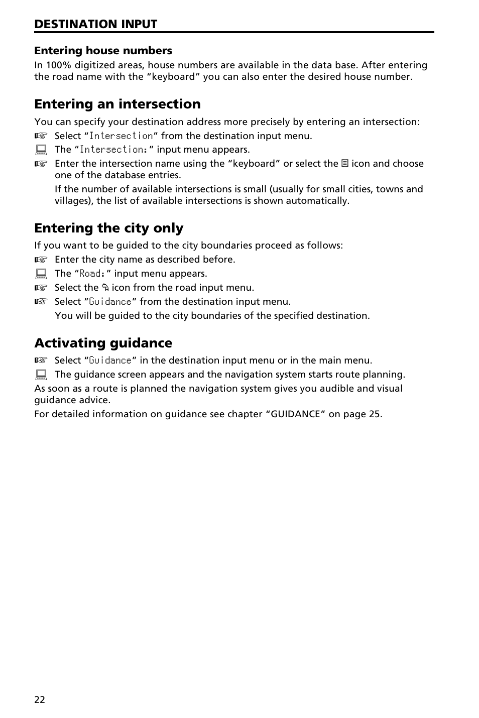 Entering the city only, Activating guidance | Audiovox NAV3000 User Manual | Page 22 / 98