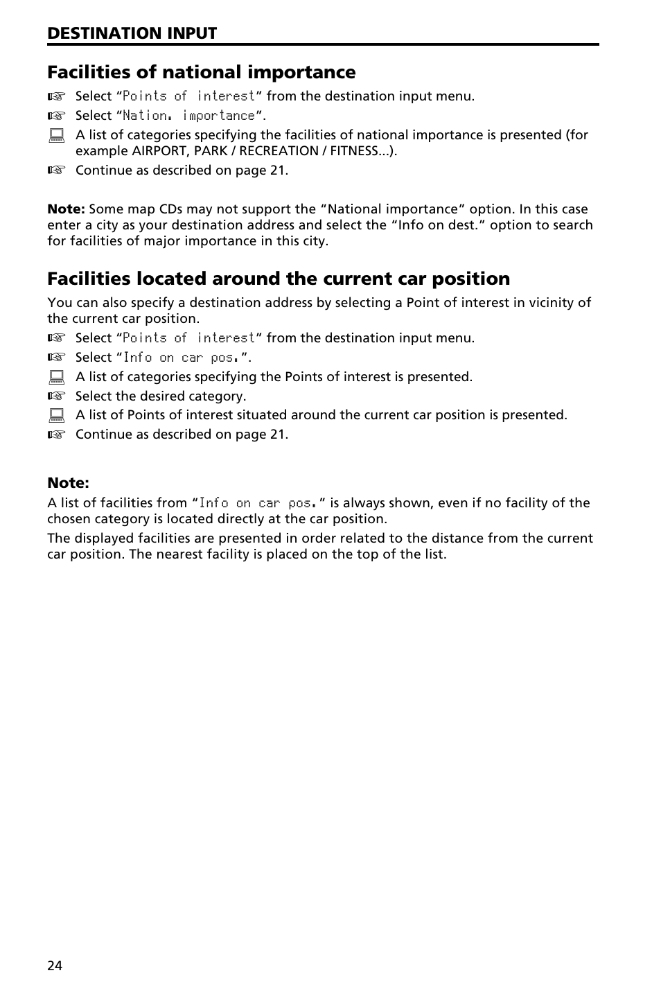 Guidance screen 25, Facilities of national importance, Facilities located around the current car position | Audiovox NAV3000 User Manual | Page 24 / 98