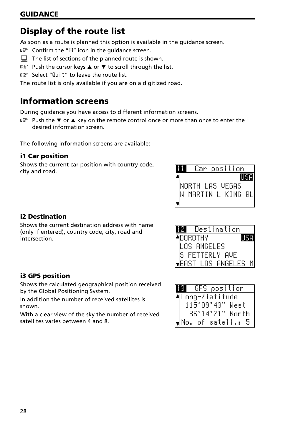 Alternative route 30, Display of the route list, Information screens | Audiovox NAV3000 User Manual | Page 28 / 98