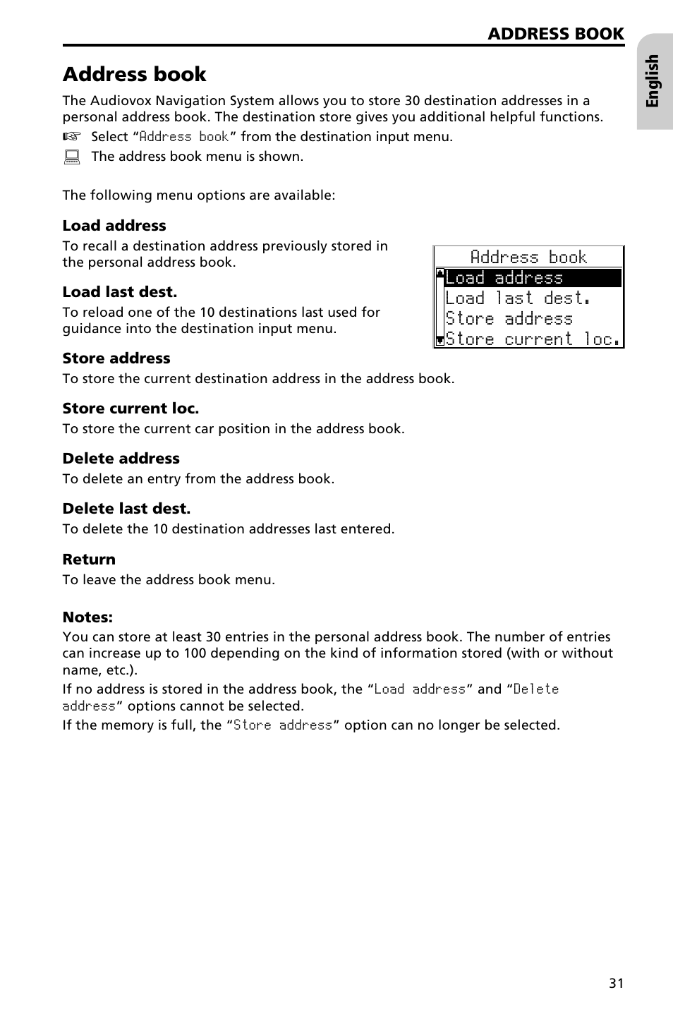 Storing addresses in the personal address book 32, Loading addresses from the address book 32, Loading one of the destinations last used 32 | Address book | Audiovox NAV3000 User Manual | Page 31 / 98