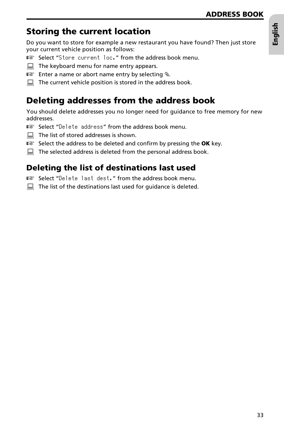 System settings 34, Storing the current location, Deleting addresses from the address book | Audiovox NAV3000 User Manual | Page 33 / 98