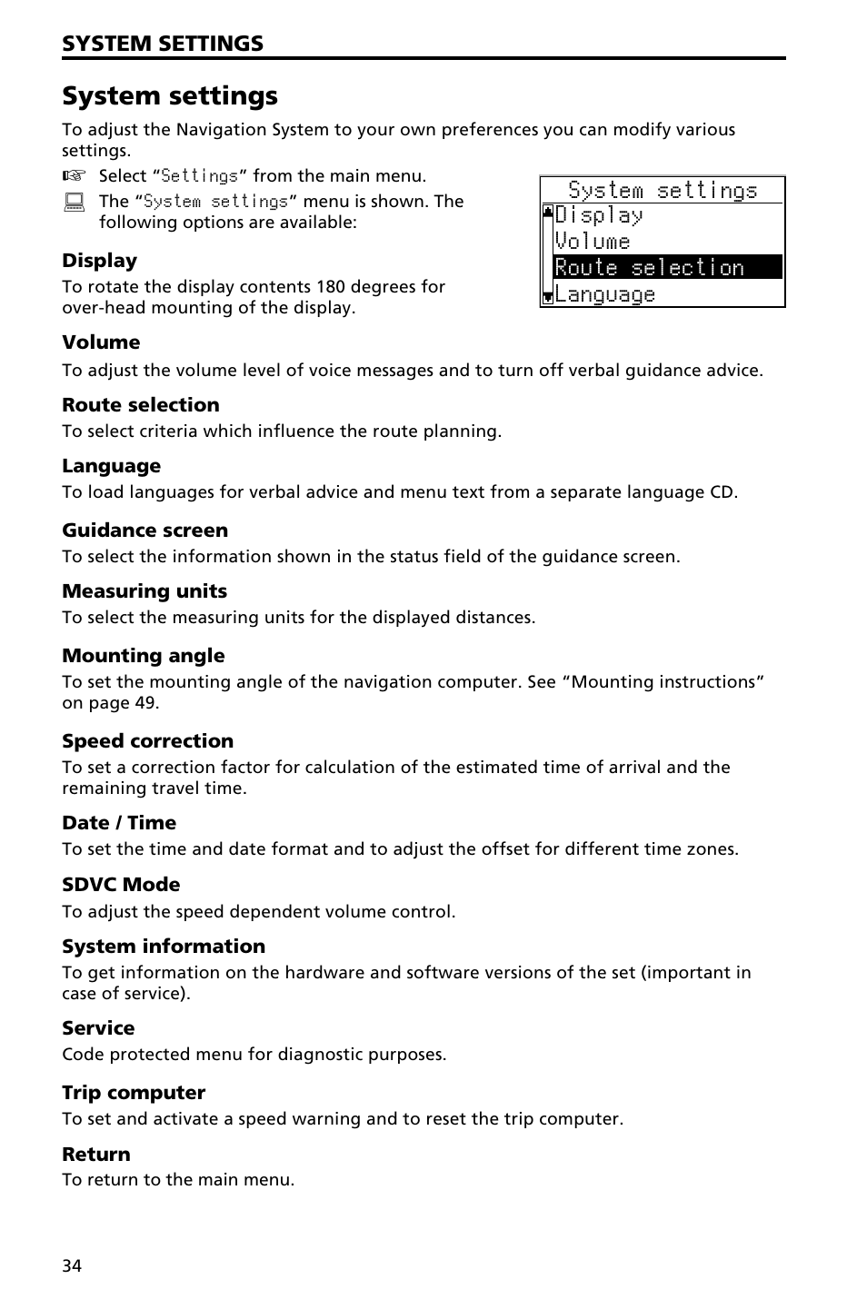 Display 35, Volume 35, Route selection 35 | System settings | Audiovox NAV3000 User Manual | Page 34 / 98