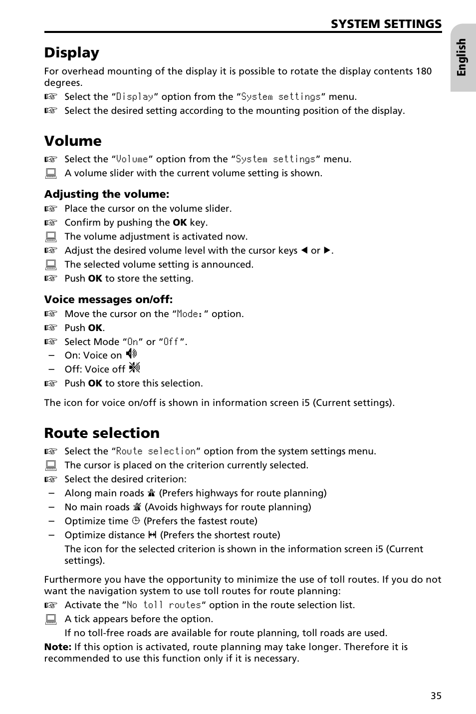 Language 36, Guidance screen 36, Measuring units 36 | Speed correction 36, Display, Volume, Route selection | Audiovox NAV3000 User Manual | Page 35 / 98