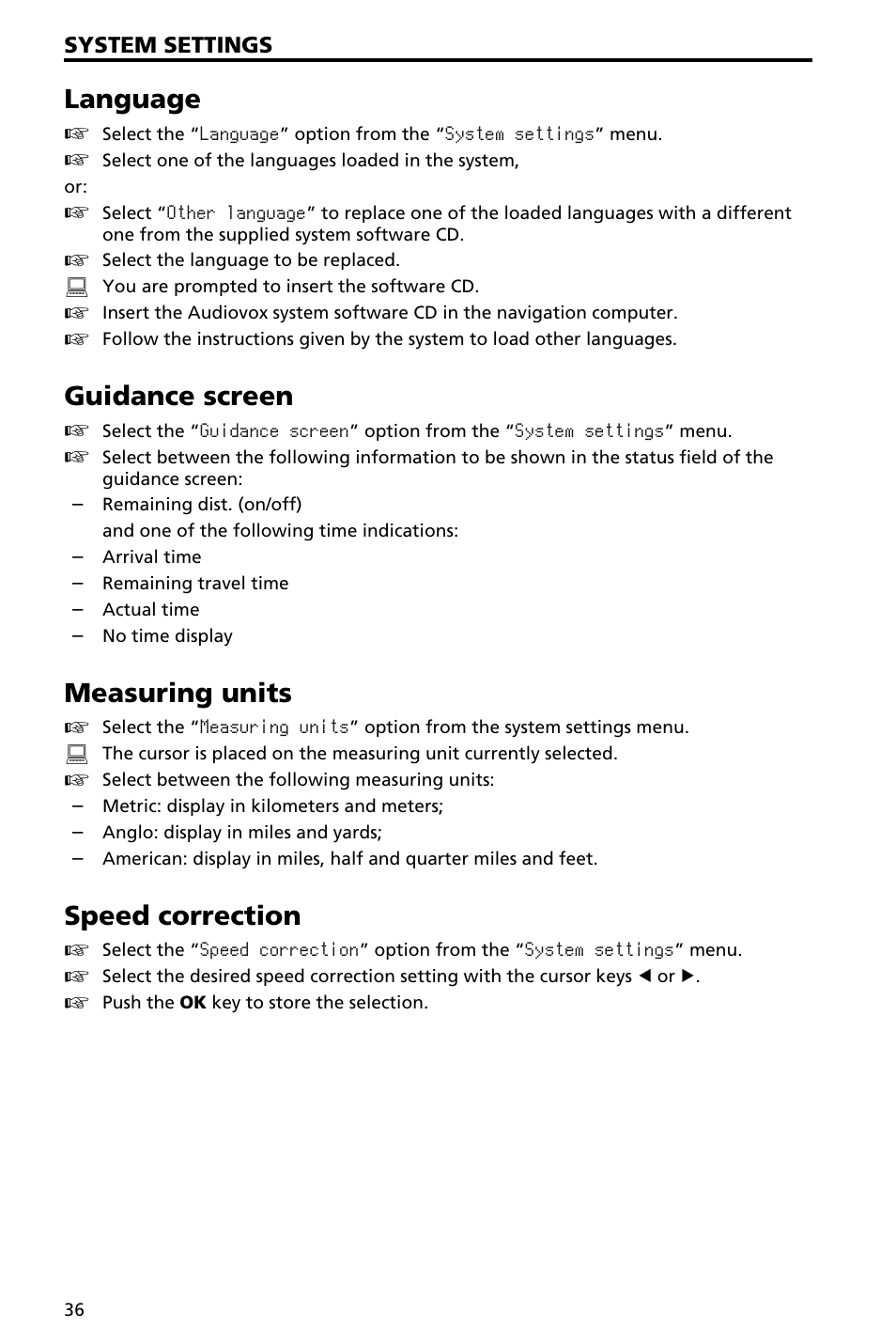 Date / clock 37, Language, Guidance screen | Measuring units, Speed correction | Audiovox NAV3000 User Manual | Page 36 / 98