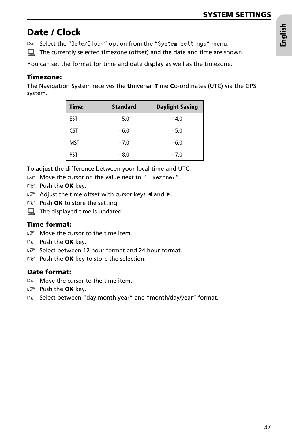 Sdvc mode (speed dependent volume control) 38, System information 38, Service 38 | Trip computer 38, Date / clock | Audiovox NAV3000 User Manual | Page 37 / 98