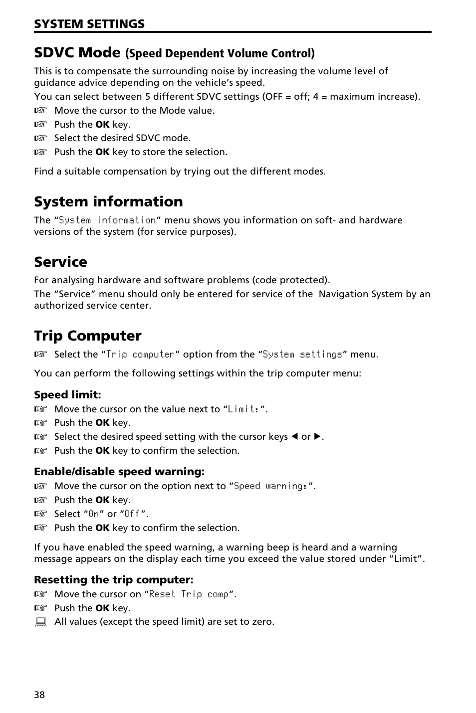 Map cds 39, Changing the map cd 39, Sdvc mode | System information, Service, Trip computer | Audiovox NAV3000 User Manual | Page 38 / 98