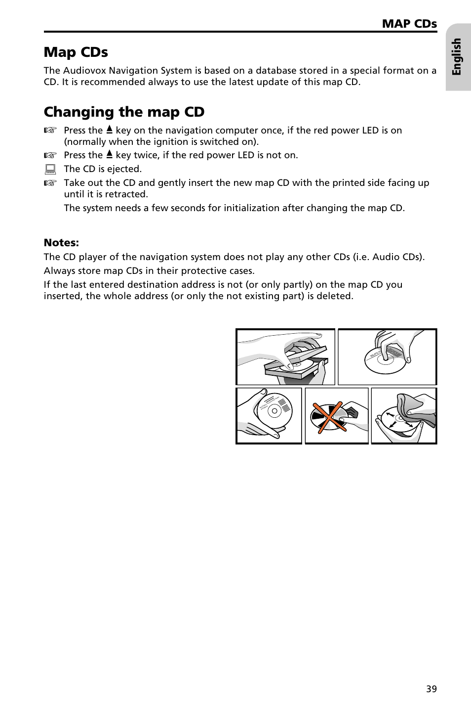 Map cds with travel guide information 40, Map cds, Changing the map cd | English, The cd is ejected | Audiovox NAV3000 User Manual | Page 39 / 98