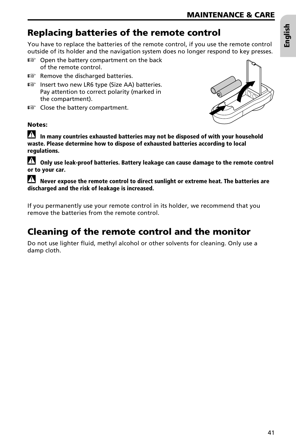 Troubleshooting 42, Menu overview 44, Replacing batteries of the remote control | Cleaning of the remote control and the monitor | Audiovox NAV3000 User Manual | Page 41 / 98