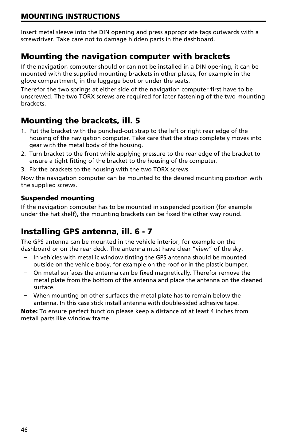 Mounting the navigation computer with brackets, Mounting the brackets, ill. 5, Installing gps antenna, ill. 6 - 7 | Mounting instructions | Audiovox NAV3000 User Manual | Page 46 / 98