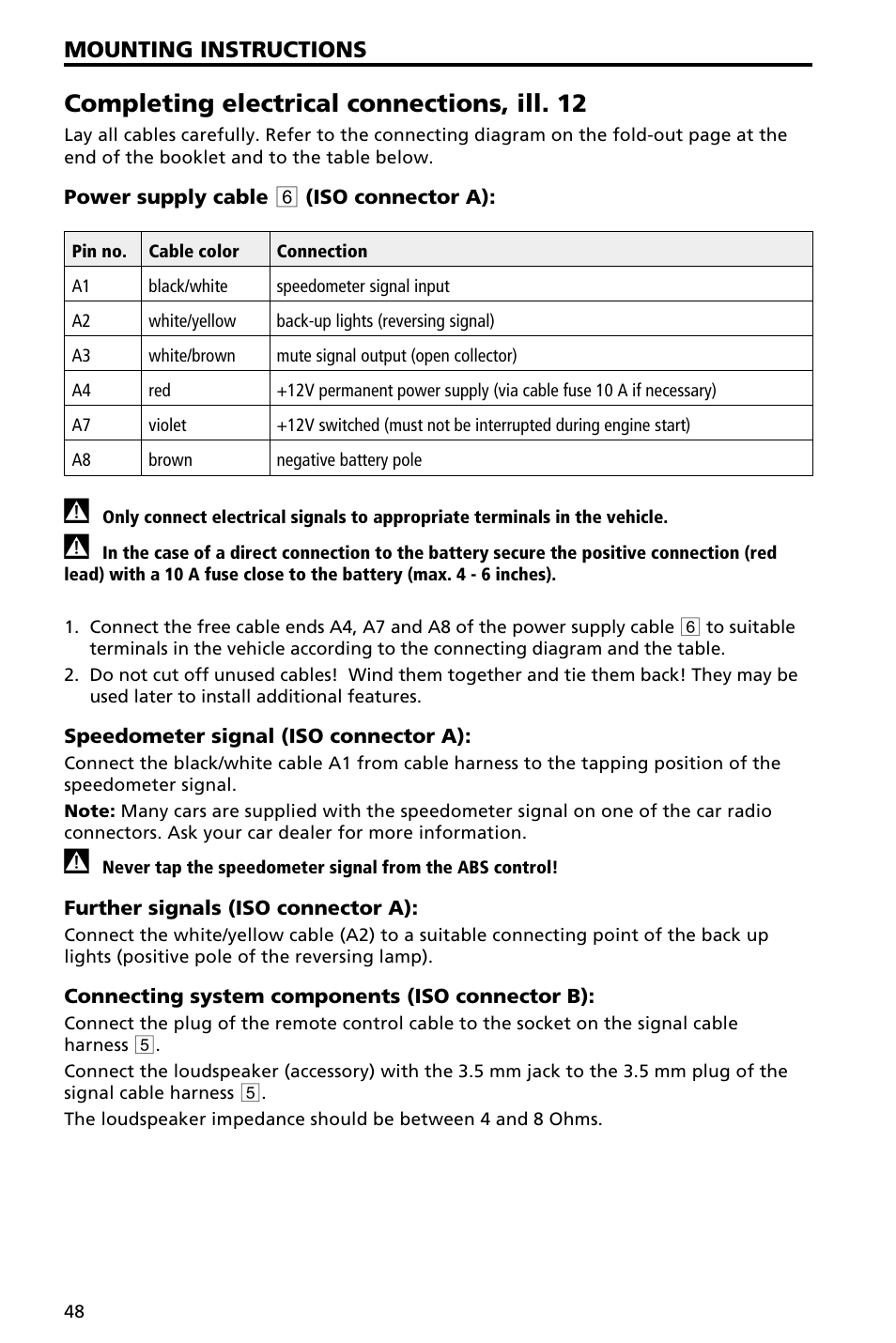 Completing electrical connections, ill. 12, Mounting instructions | Audiovox NAV3000 User Manual | Page 48 / 98