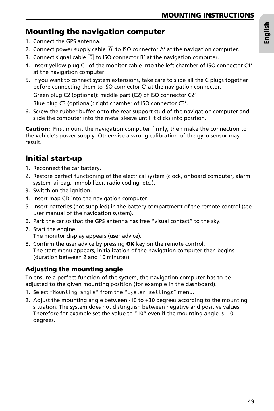Mounting the navigation computer, Initial start-up, Mounting instructions | English | Audiovox NAV3000 User Manual | Page 49 / 98