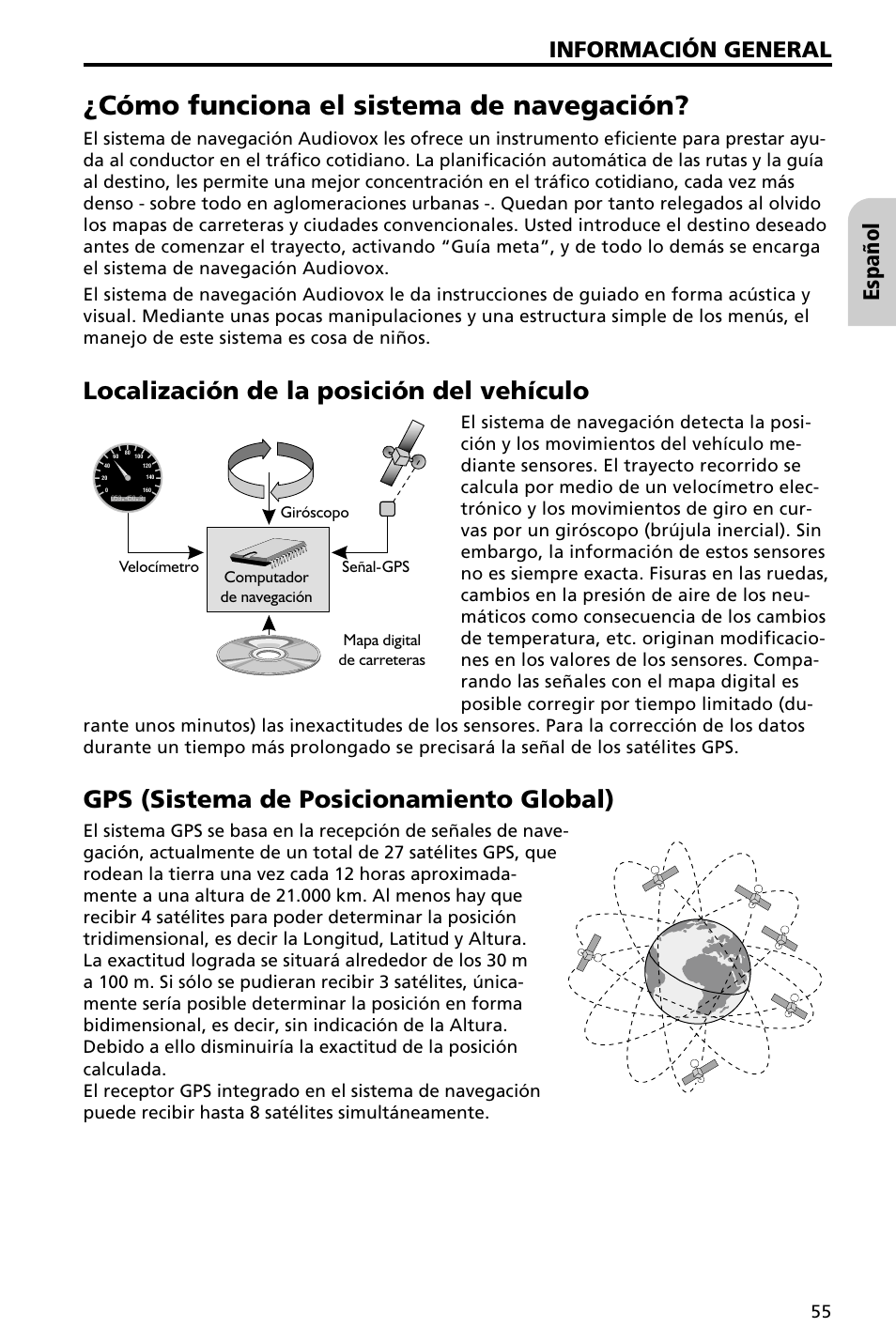 Cómo funciona el sistema de navegación, Localización de la posición del vehículo, Gps (sistema de posicionamiento global) | Español información general | Audiovox NAV3000 User Manual | Page 55 / 98