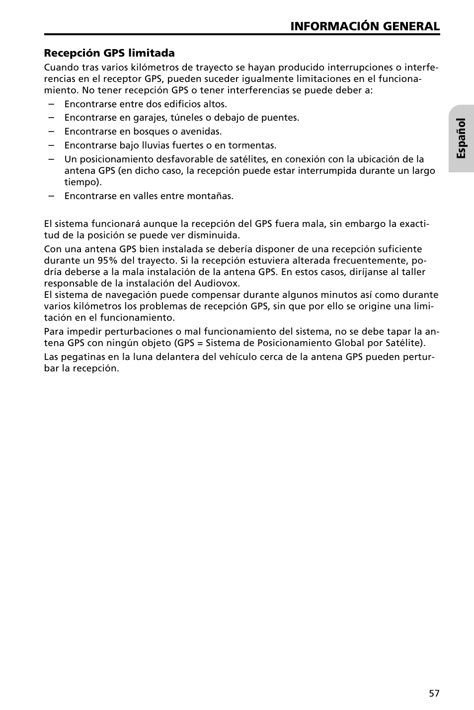Español información general | Audiovox NAV3000 User Manual | Page 57 / 98