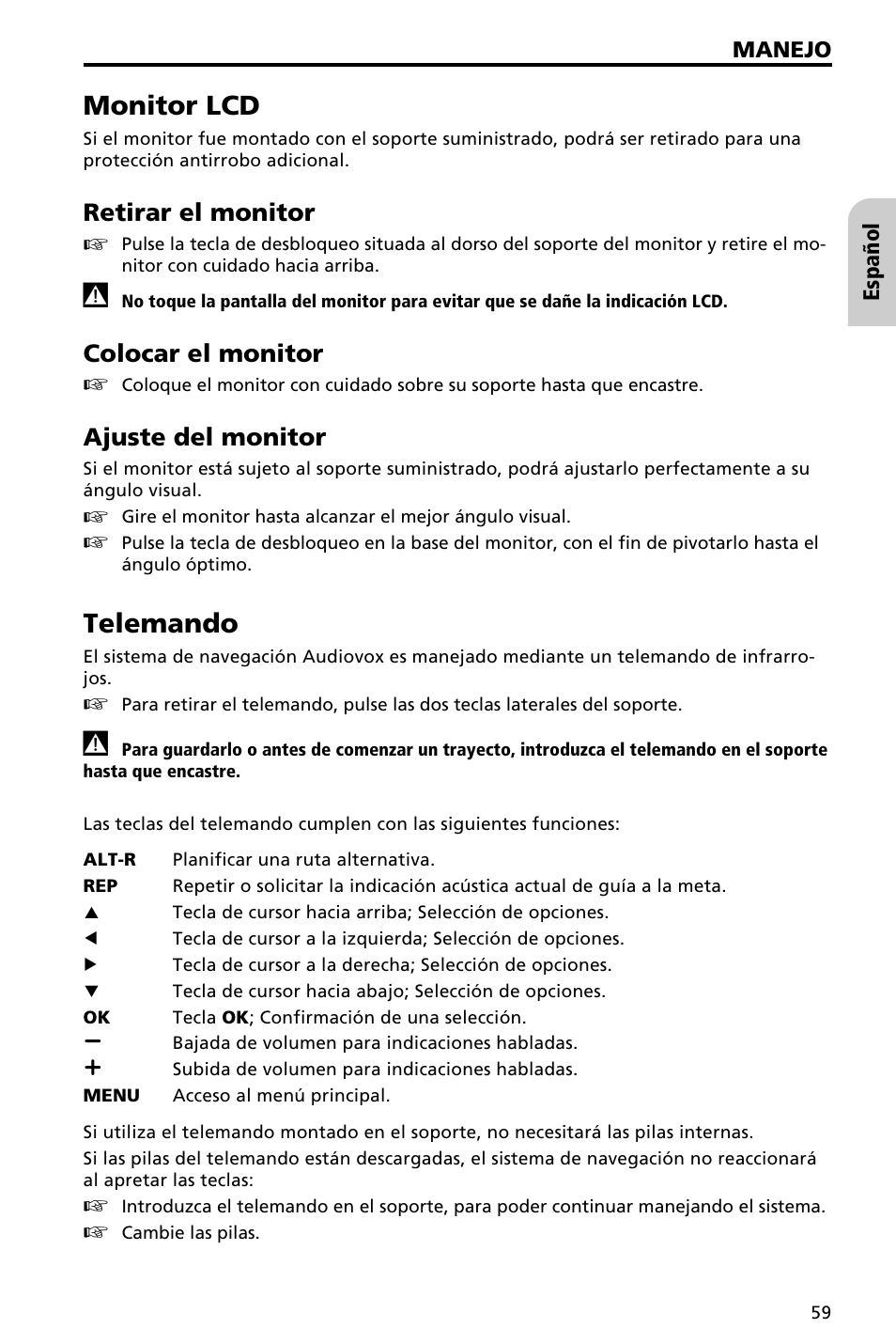 Monitor lcd, Telemando, Retirar el monitor | Colocar el monitor, Ajuste del monitor | Audiovox NAV3000 User Manual | Page 59 / 98