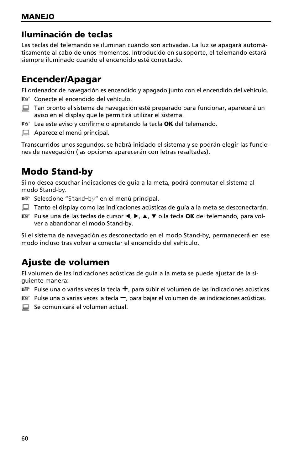 Encender/apagar, Modo stand-by, Ajuste de volumen | Iluminación de teclas | Audiovox NAV3000 User Manual | Page 60 / 98