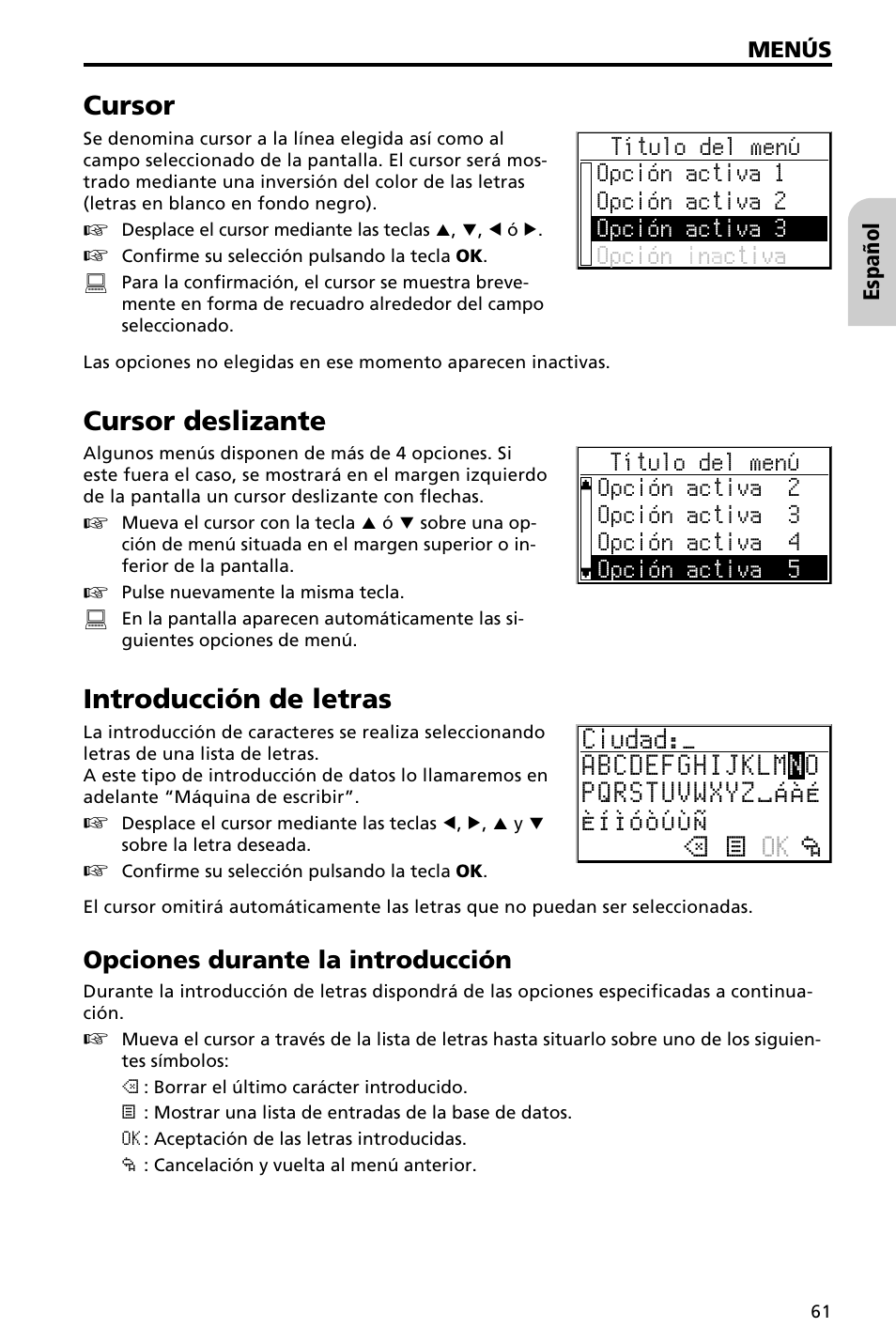 Cursor, Cursor deslizante, Introducción de letras | Audiovox NAV3000 User Manual | Page 61 / 98
