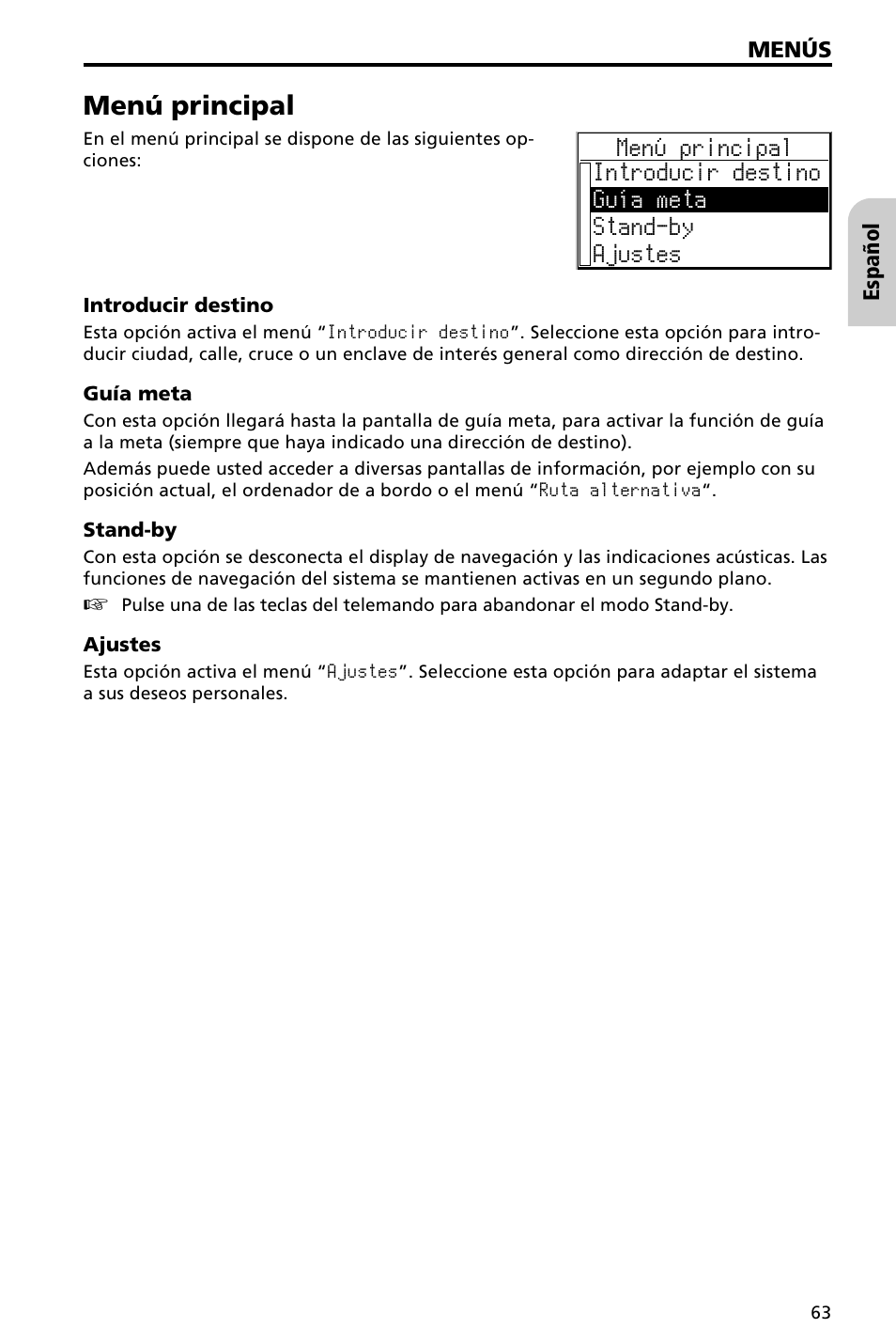 Menú principal | Audiovox NAV3000 User Manual | Page 63 / 98
