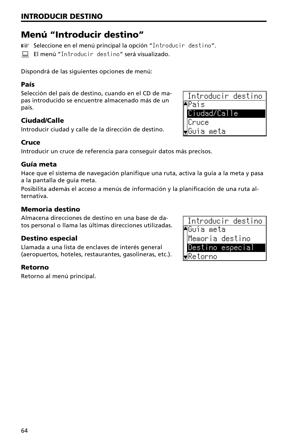 Menú “introducir destino | Audiovox NAV3000 User Manual | Page 64 / 98