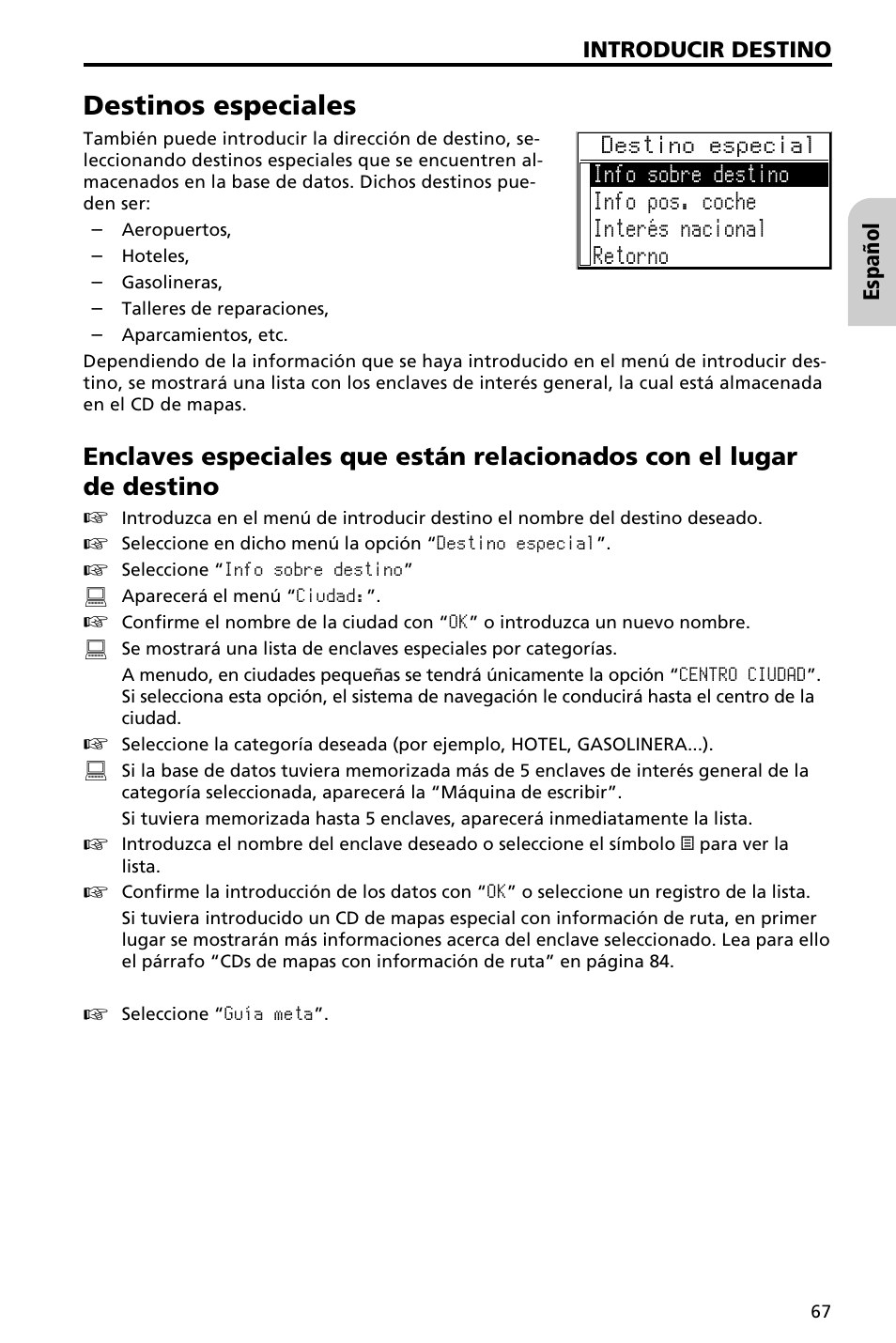 Destinos especiales | Audiovox NAV3000 User Manual | Page 67 / 98