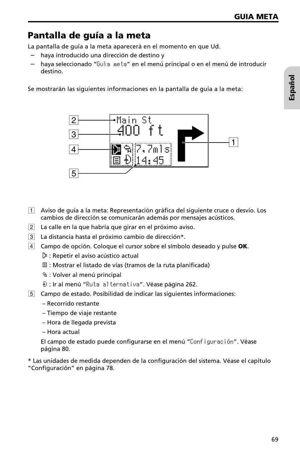 400 ft, Main st, Pantalla de guía a la meta | Audiovox NAV3000 User Manual | Page 69 / 98