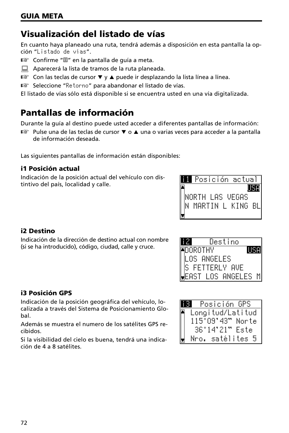 Visualización del listado de vías, Pantallas de información | Audiovox NAV3000 User Manual | Page 72 / 98