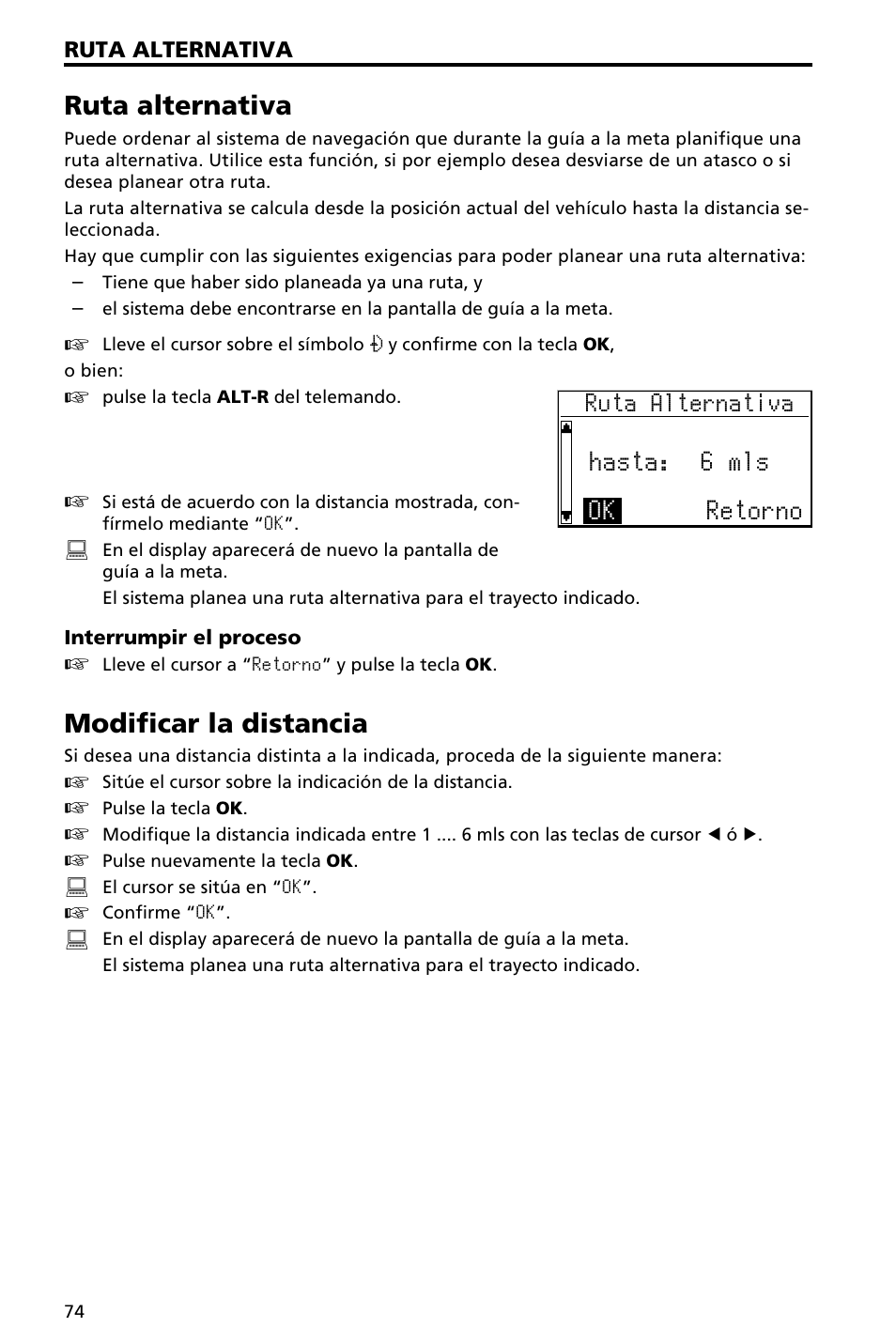 Ruta alternativa, Modificar la distancia, Hasta: 6 mls ok retorno | Audiovox NAV3000 User Manual | Page 74 / 98