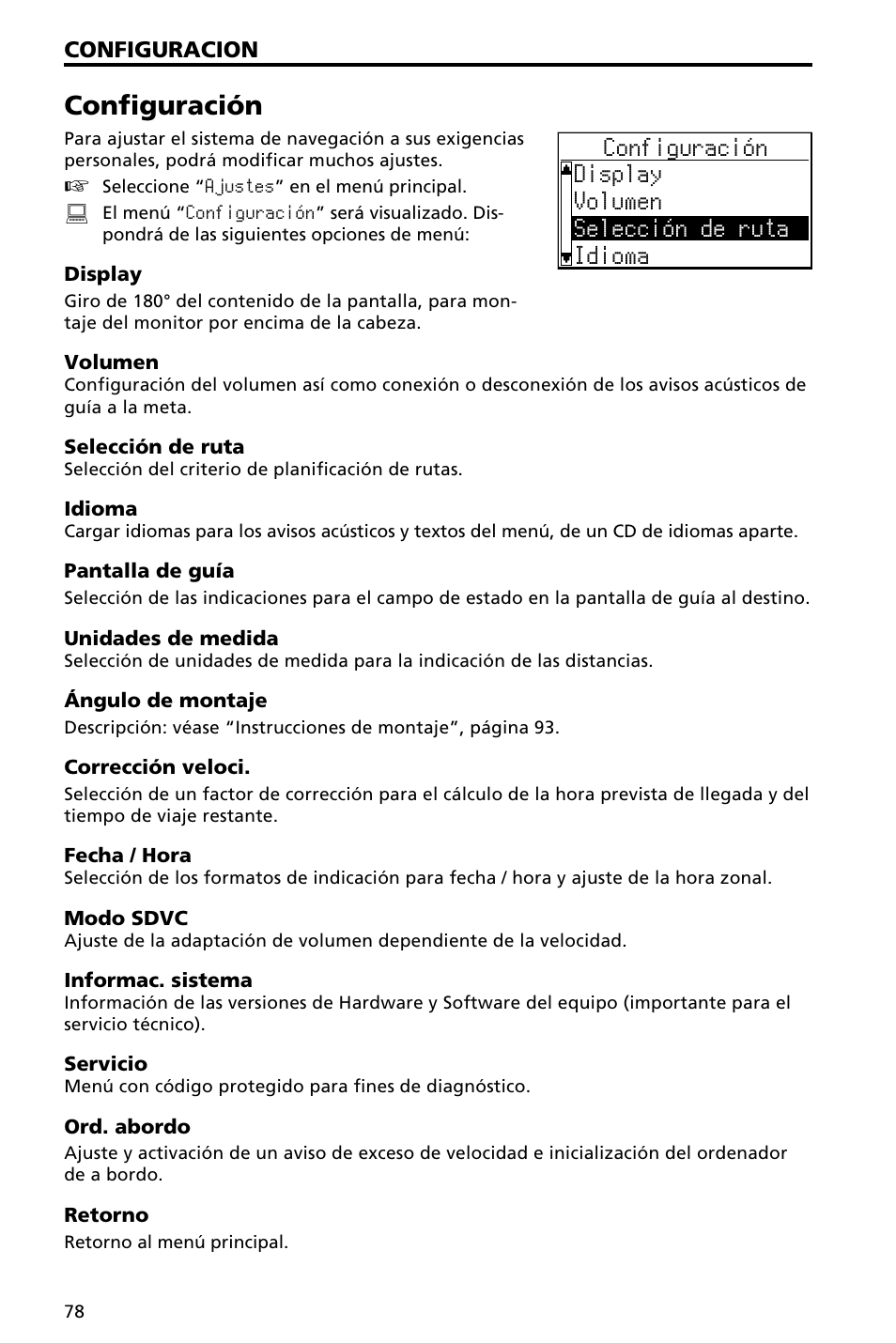 Configuración | Audiovox NAV3000 User Manual | Page 78 / 98