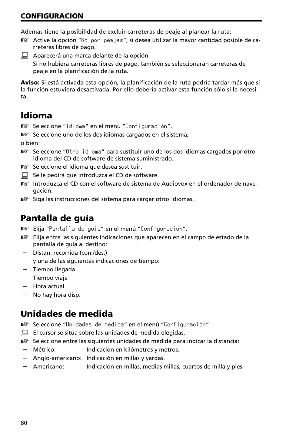 Idioma, Pantalla de guía, Unidades de medida | Audiovox NAV3000 User Manual | Page 80 / 98