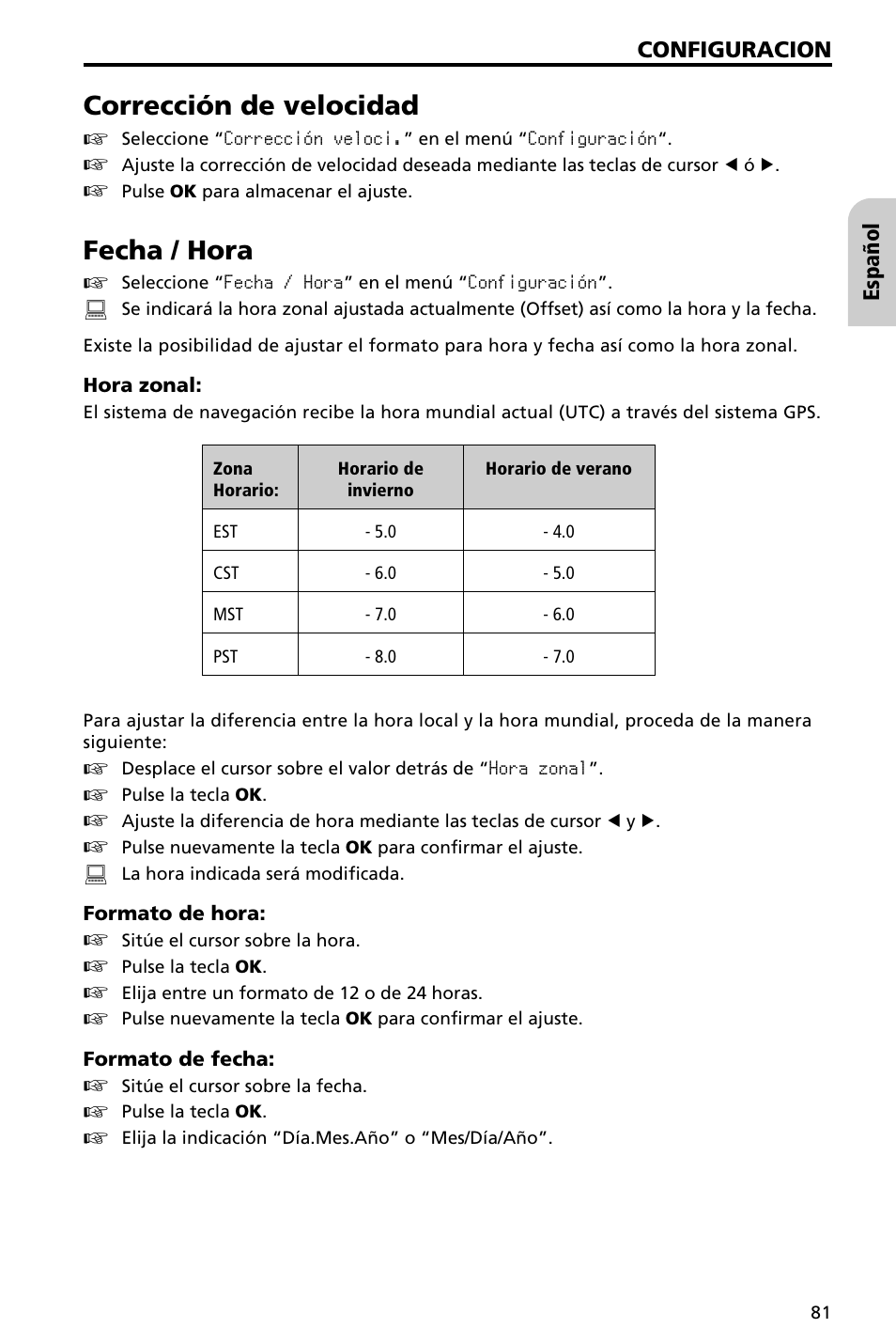 Corrección de velocidad, Fecha / hora | Audiovox NAV3000 User Manual | Page 81 / 98