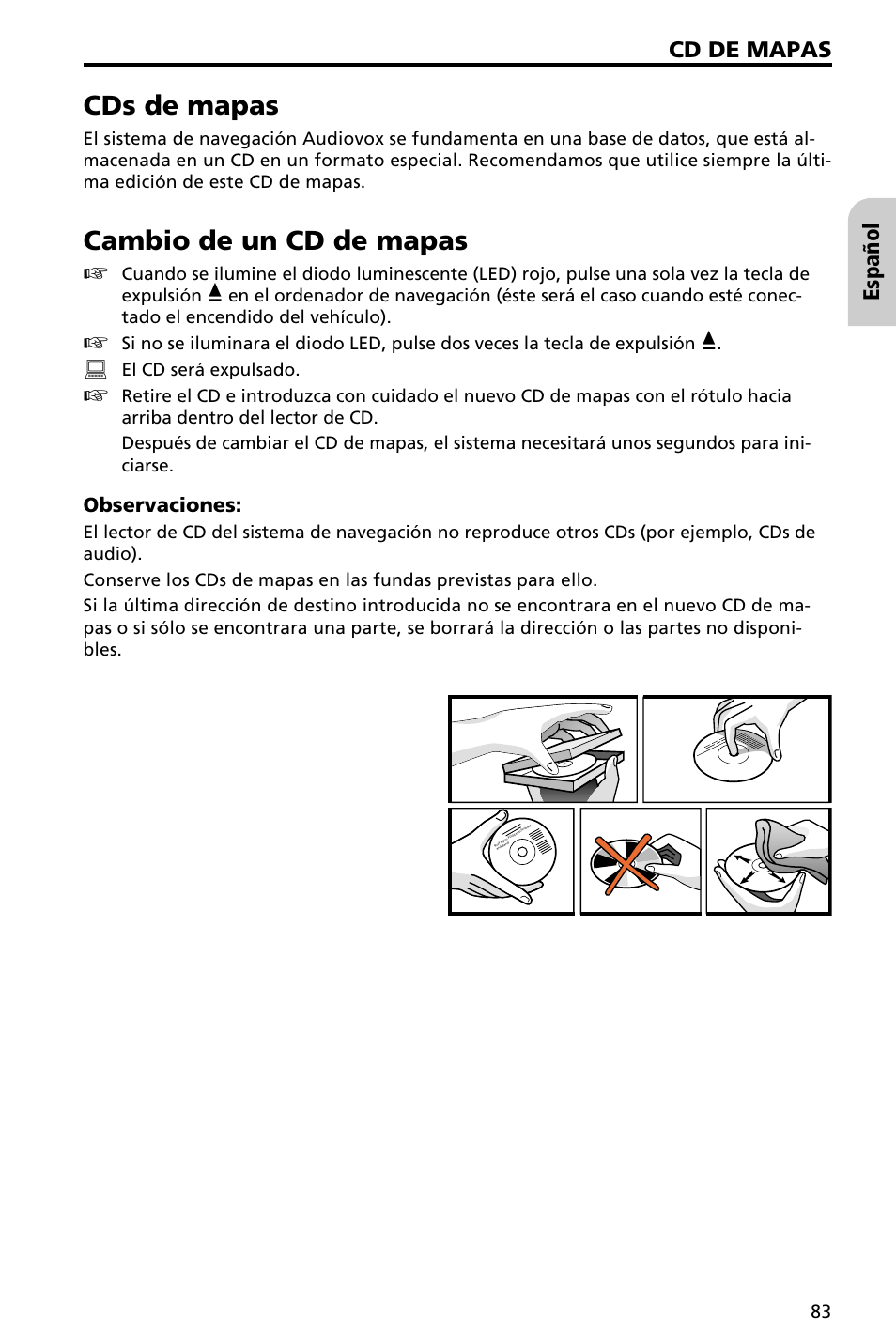 Cds de mapas, Cambio de un cd de mapas, Español cd de mapas | Observaciones, El cd será expulsado | Audiovox NAV3000 User Manual | Page 83 / 98