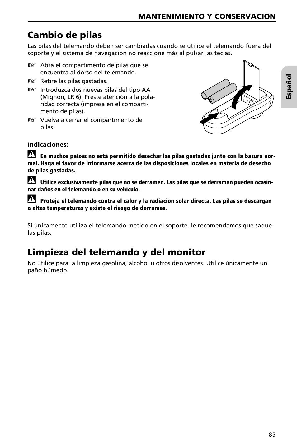 Cambio de pilas, Limpieza del telemando y del monitor | Audiovox NAV3000 User Manual | Page 85 / 98