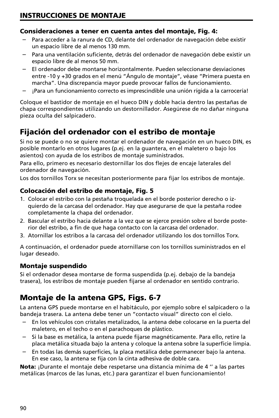 Fijación del ordenador con el estribo de montaje, Montaje de la antena gps, figs. 6-7, Instrucciones de montaje | Audiovox NAV3000 User Manual | Page 90 / 98
