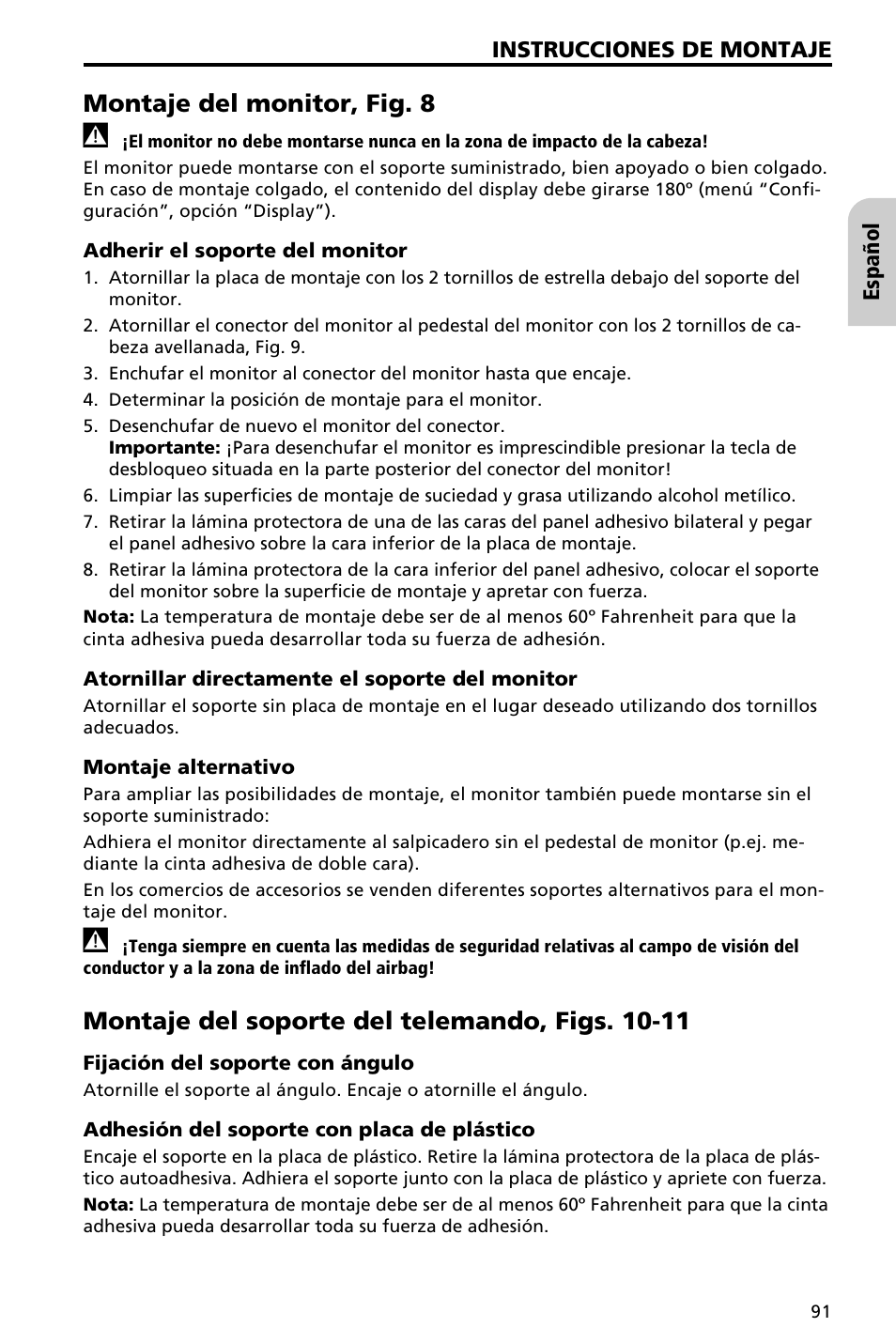 Montaje del monitor, fig. 8, Montaje del soporte del telemando, figs. 10-11 | Audiovox NAV3000 User Manual | Page 91 / 98