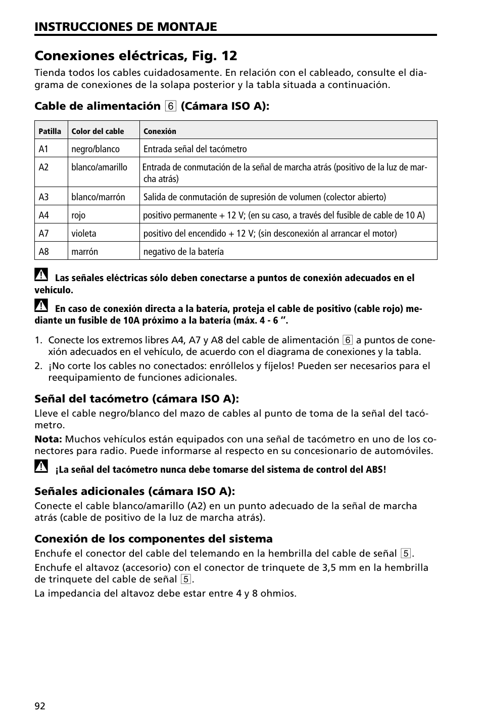 Conexiones eléctricas, fig. 12, Instrucciones de montaje | Audiovox NAV3000 User Manual | Page 92 / 98